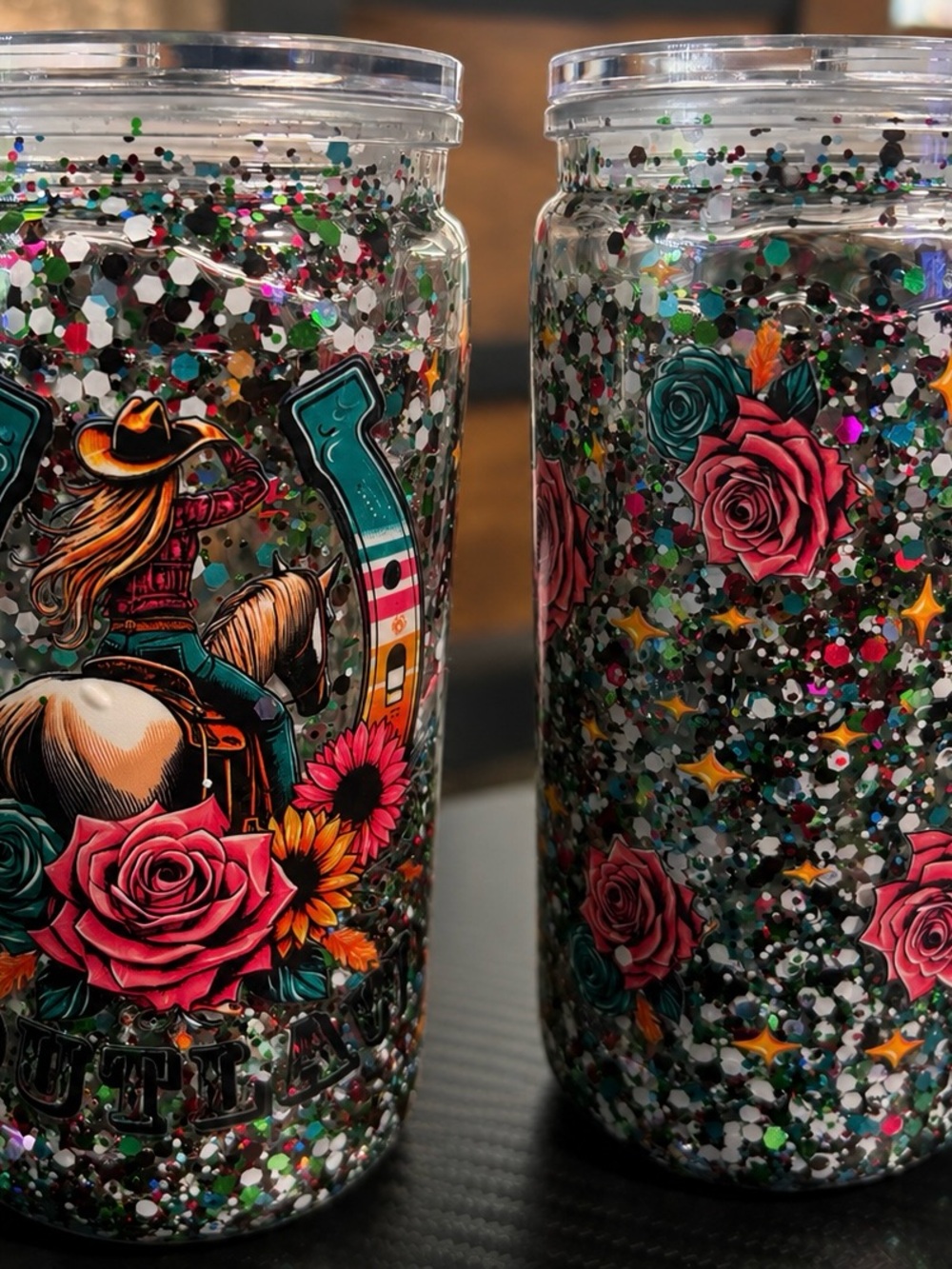 Glitter Cowgirl Horse 16oz snowglobe  cup with Roses
